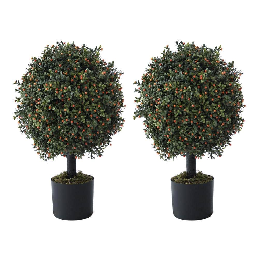 CAPHAUS Artificial Boxwood Topiary Ball Tree Set of 2, Artificial UV Resistant Bushes, Faux Potted Tree, Plant in Pot w/ Dried Moss, Fake Shrubs for