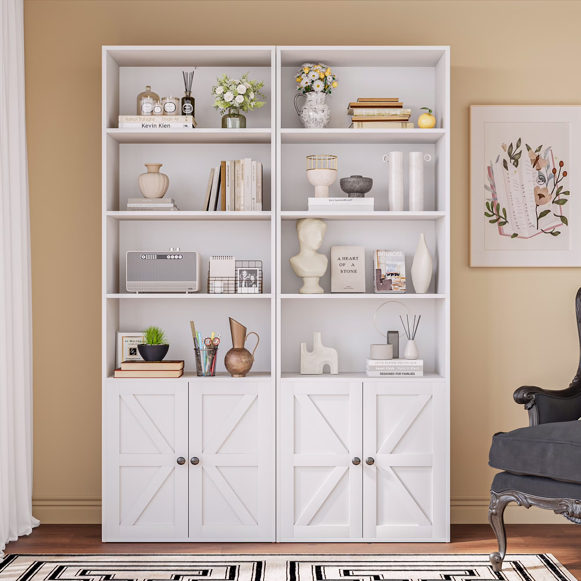 1 Piece 4-Shelf Farmhouse Bookcases 4-Tier Bookshelf with Adjustable ShelvesDoors,Storage Cabinet for Home Living room,Kitchen,Office,White(White)