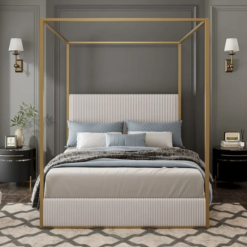 Contemporary Luxe Metal Canopy Bed Featuring a High Upholstered Headboard