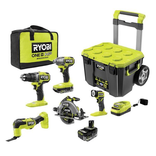 ONE+ HP 18V Brushless Cordless 5 Tool Combo Kit with Batteries, Charger, Bag, and LINK Rolling Tool Box
