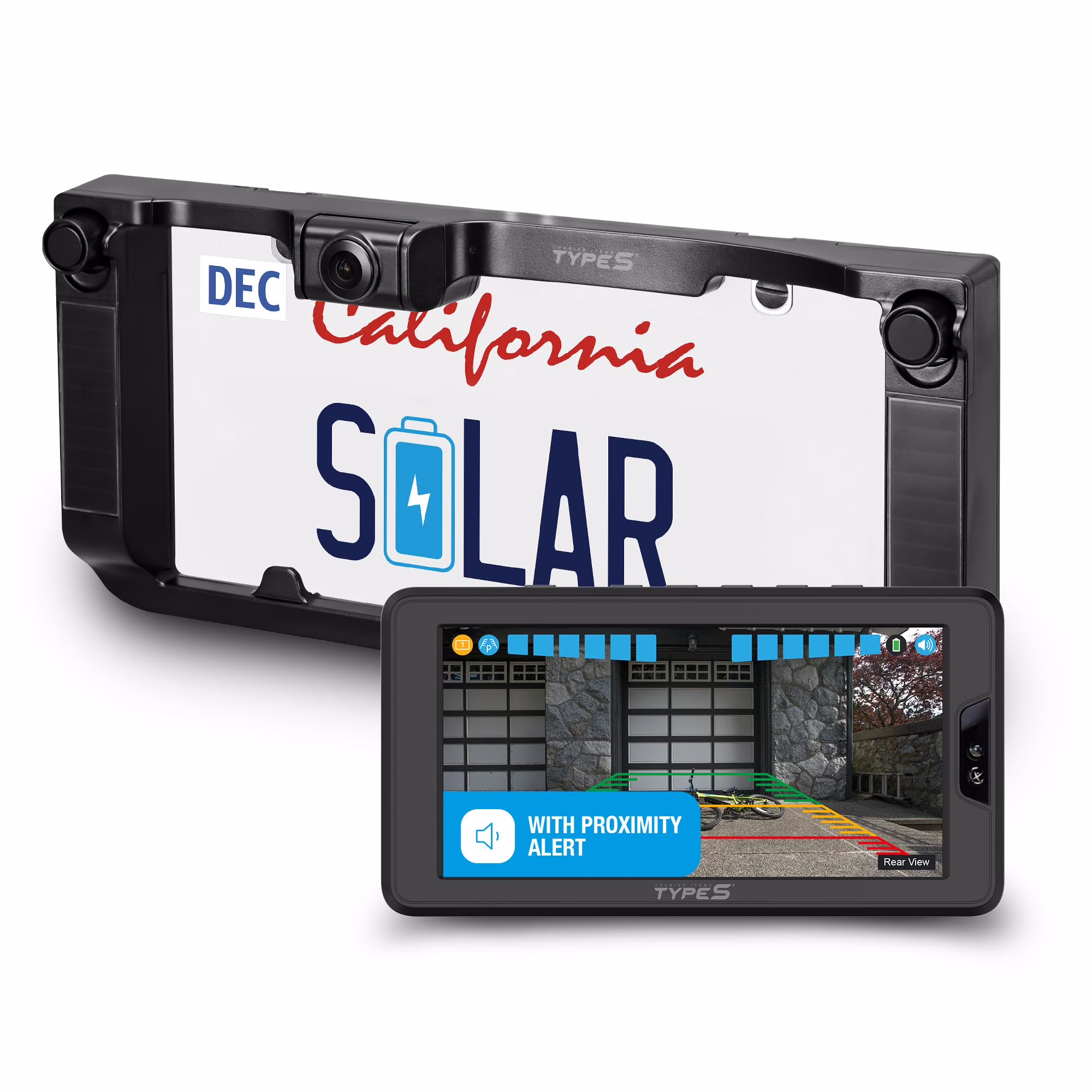 TYPE S Solar Powered Wireless Backup Camera with Backup Proximity Sensor License Plate Frame Design, 3 Min Installation, Universally Compatible 6 HD Dashboard Monitor with Motion Sensor Activation