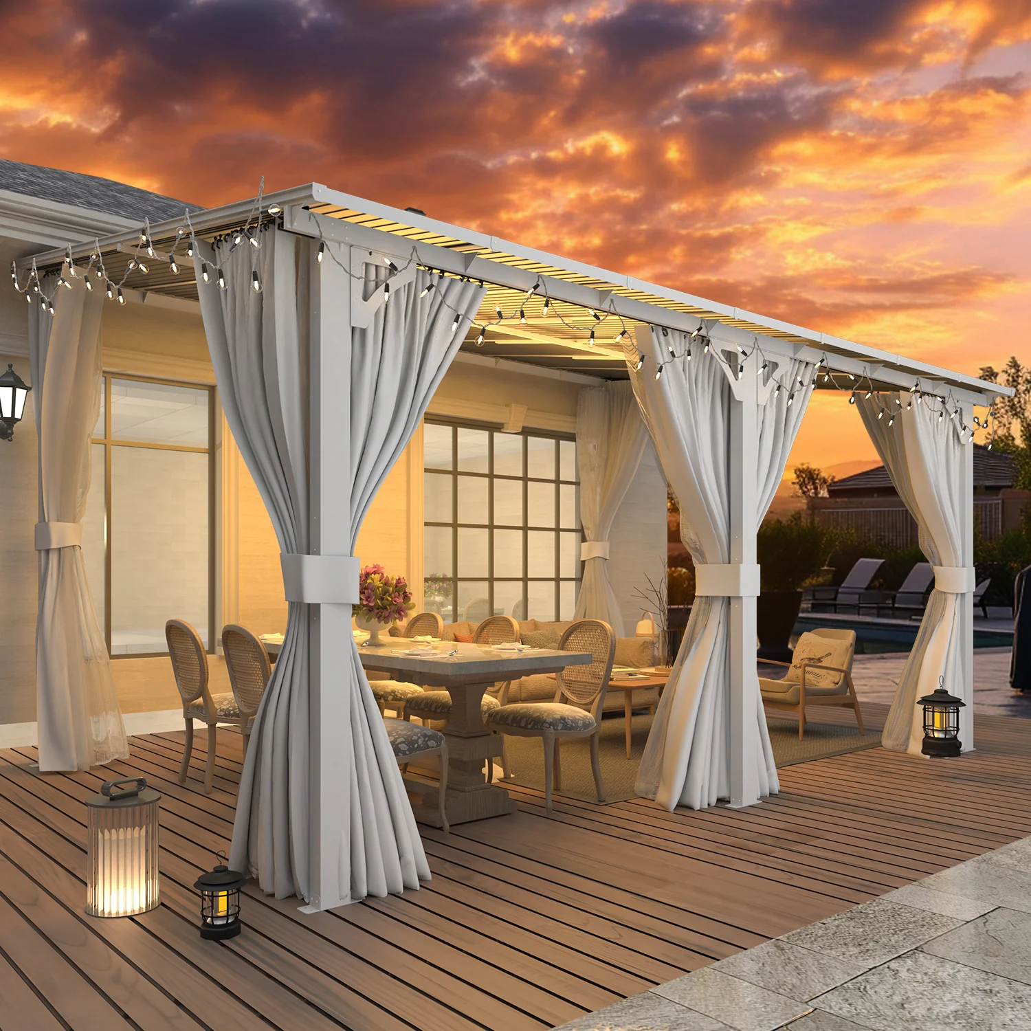 AECOJOY 14'x10' Wall Gazebo with Curtains and Mosquito Netting, White
