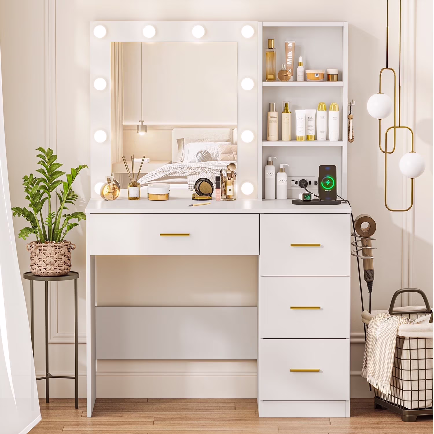 Makeup Vanity Desk with 3 Color Light Mirror, Vanity Table with 4 Drawers, Storage Shelf, Power Outlet, Adjustable Brightness Dressing Table, White(White 2)