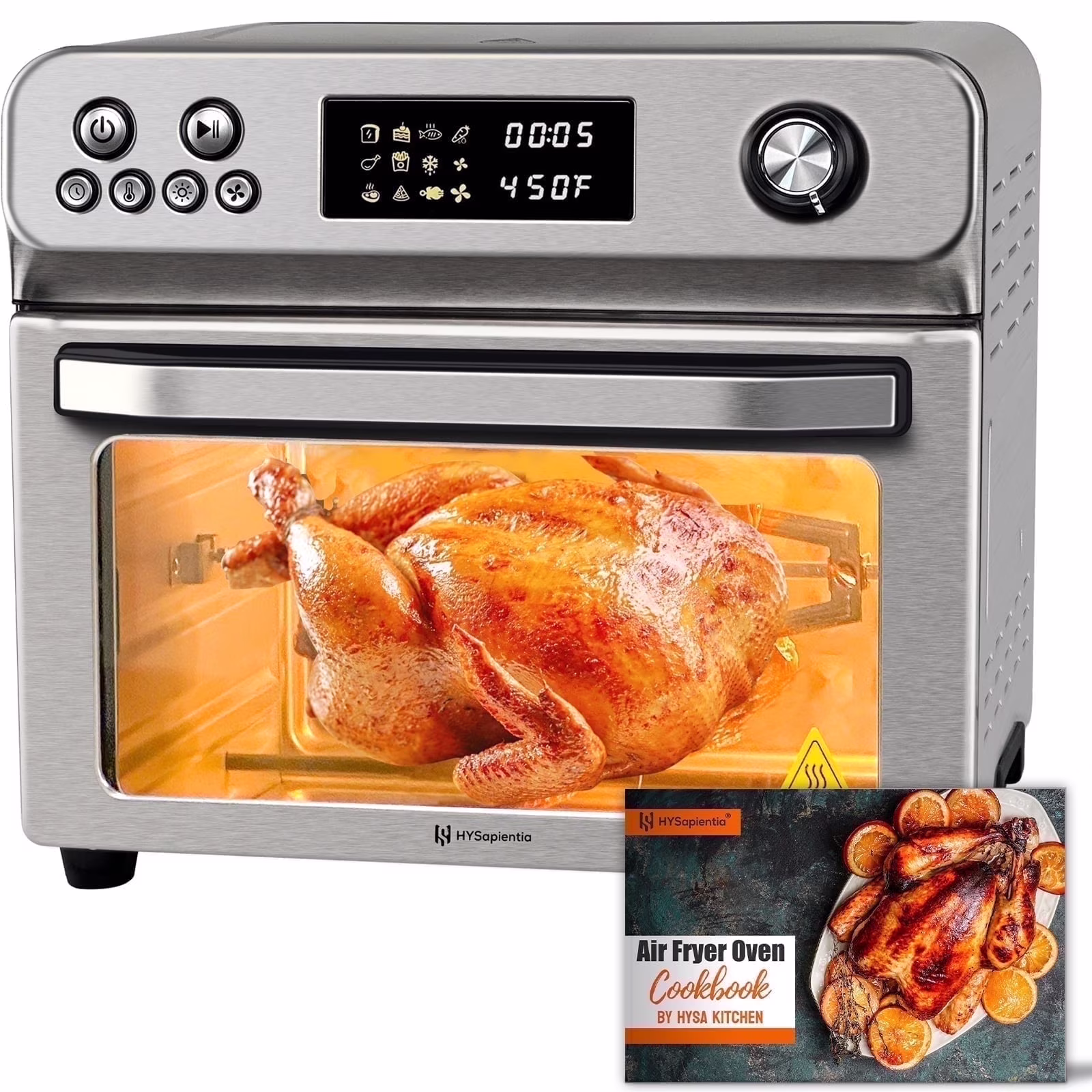 Hysapientia 26QT Air Fryer Oven with Rotisserie 1800W Toaster Oven Air Fryer Combo, 10 in 1 Convection Oven Countertop, Airfryer Toaster Oven, Mini Toaster Oven, Stainless Steel Outer