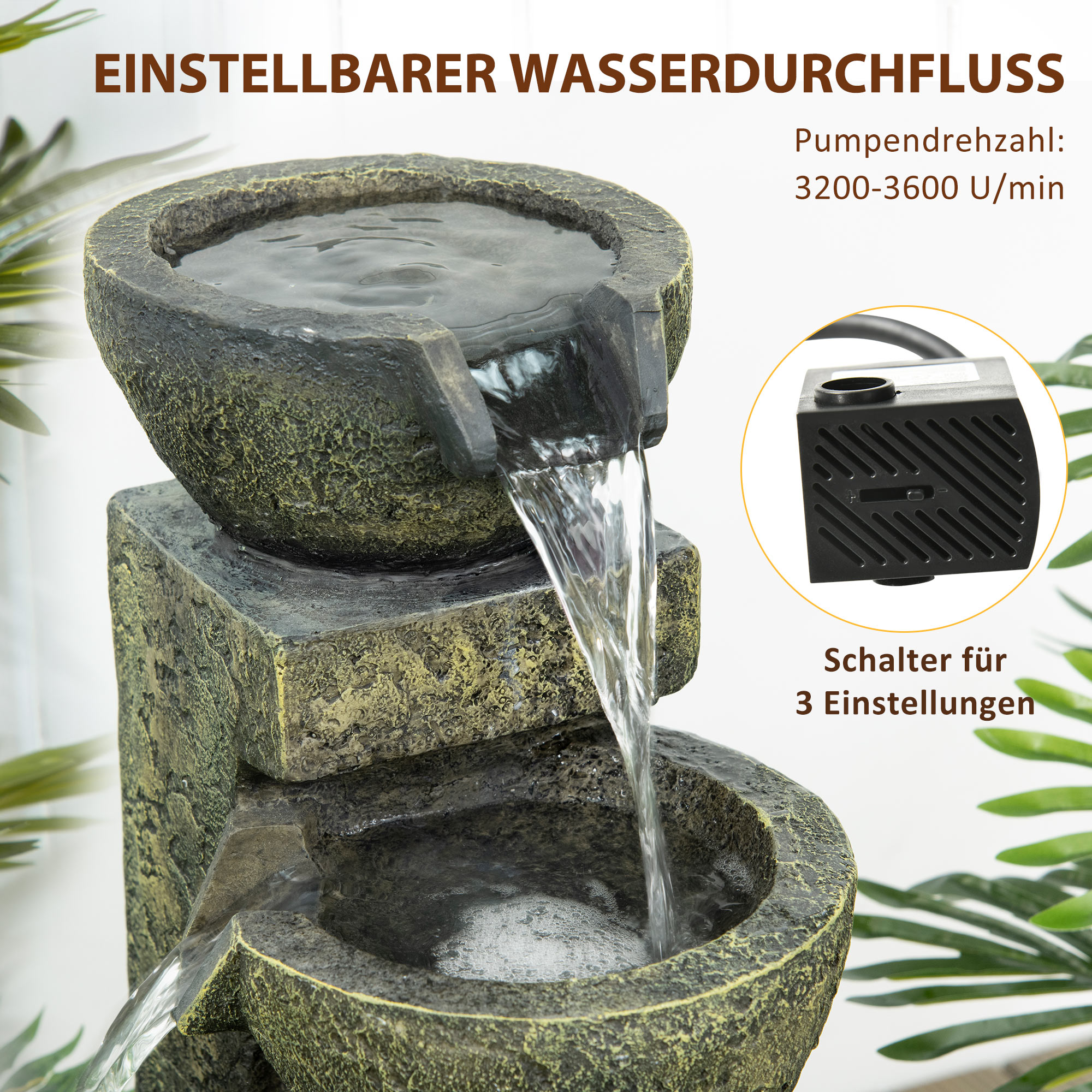 Outsunny Tuin fontein 25x24x60 cm, verstelbare stroom, 60 cm hoog, zwart