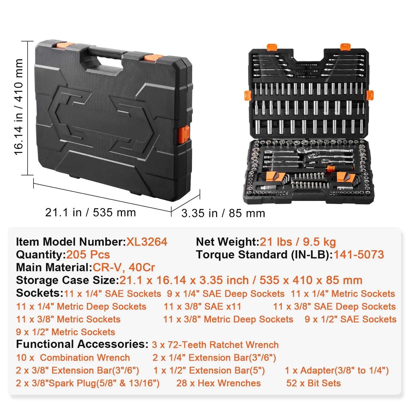 KFFKFF Mechanics Tool Set and Socket Set, 1/4 and 3/8 Drive Deep & Standard Sockets, 205 Piece SAE and Metric Mechanic Tool Kit with Bits, Combination Wrench, Hex Wrenches, Accessories