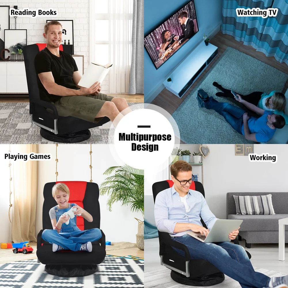 360-Degree Swivel Gaming Floor Chair with Foldable Adjustable Backrest Red - Image 5