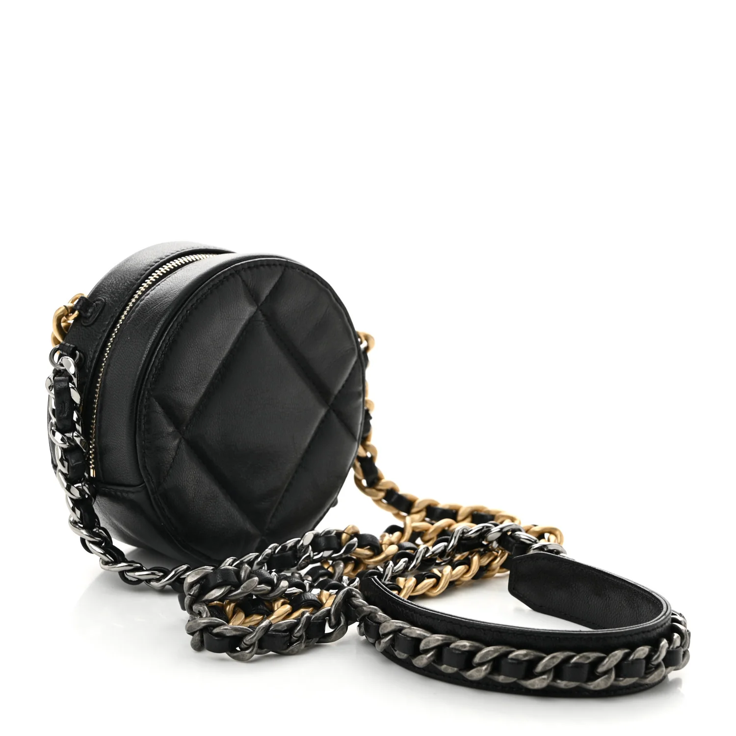 Shiny Goatskin Quilted Chanel 19 Round Clutch With Chain Black