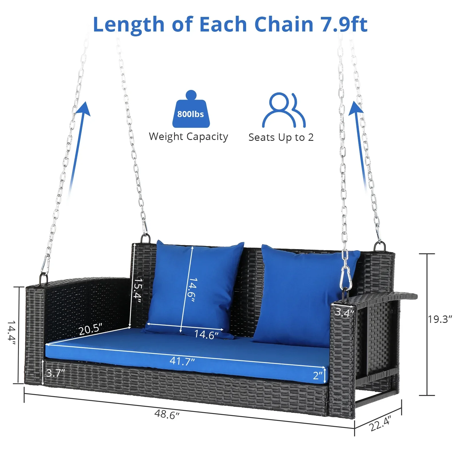 SamyoHome Garden Swing Rattan Wicker  Hanging Swing Bench w/ Blue Cushion