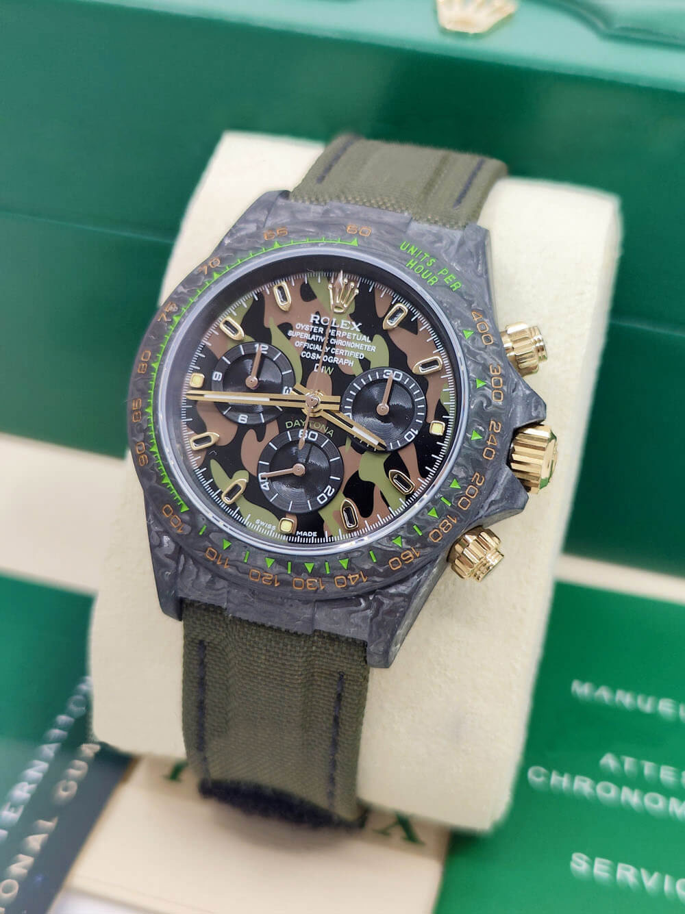 [Super Clone]Rolex Daytona DIW Carbon Military Green Super Clone Swiss Replica Watch | Custom Made Limited Edition | 4130 Swiss Movement