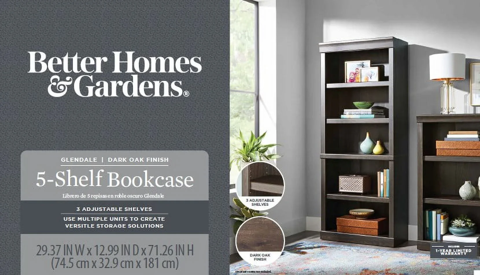 Better Homes & Gardens Glendale 5 Shelf Bookcase, Dark Oak Finish