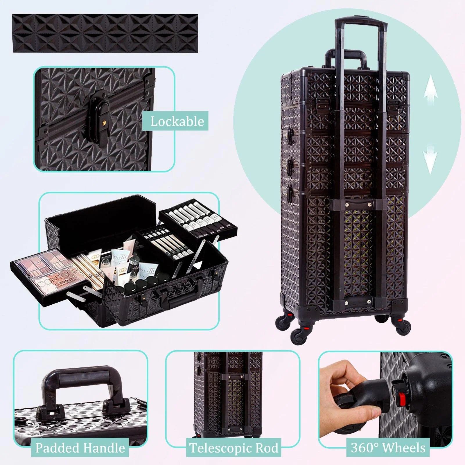 AROUS 5 in 1 Professional Makeup Train Case with 360�� Swivel Wheels