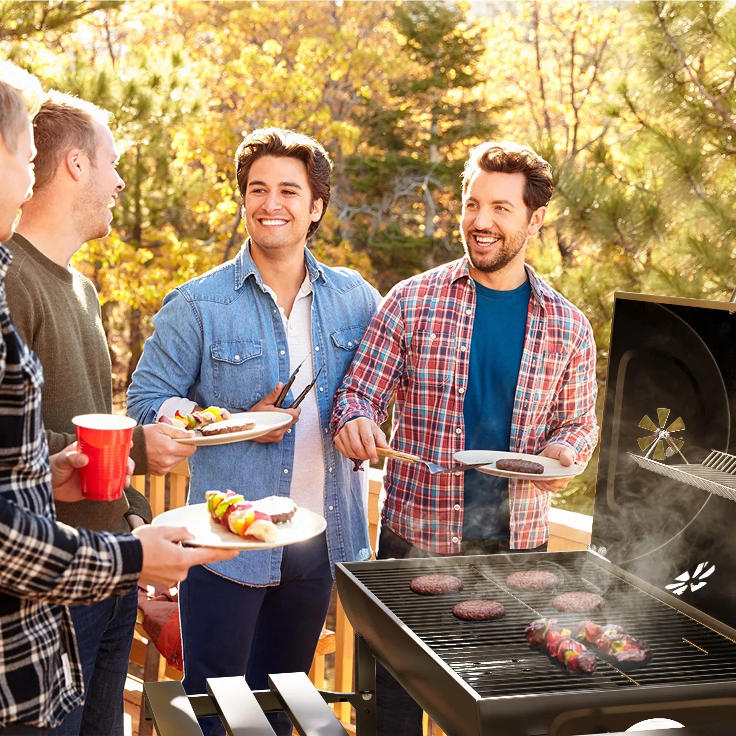 29�� Barrel Outdoor Charcoal Grill with Side Shelf and Wheels, Black