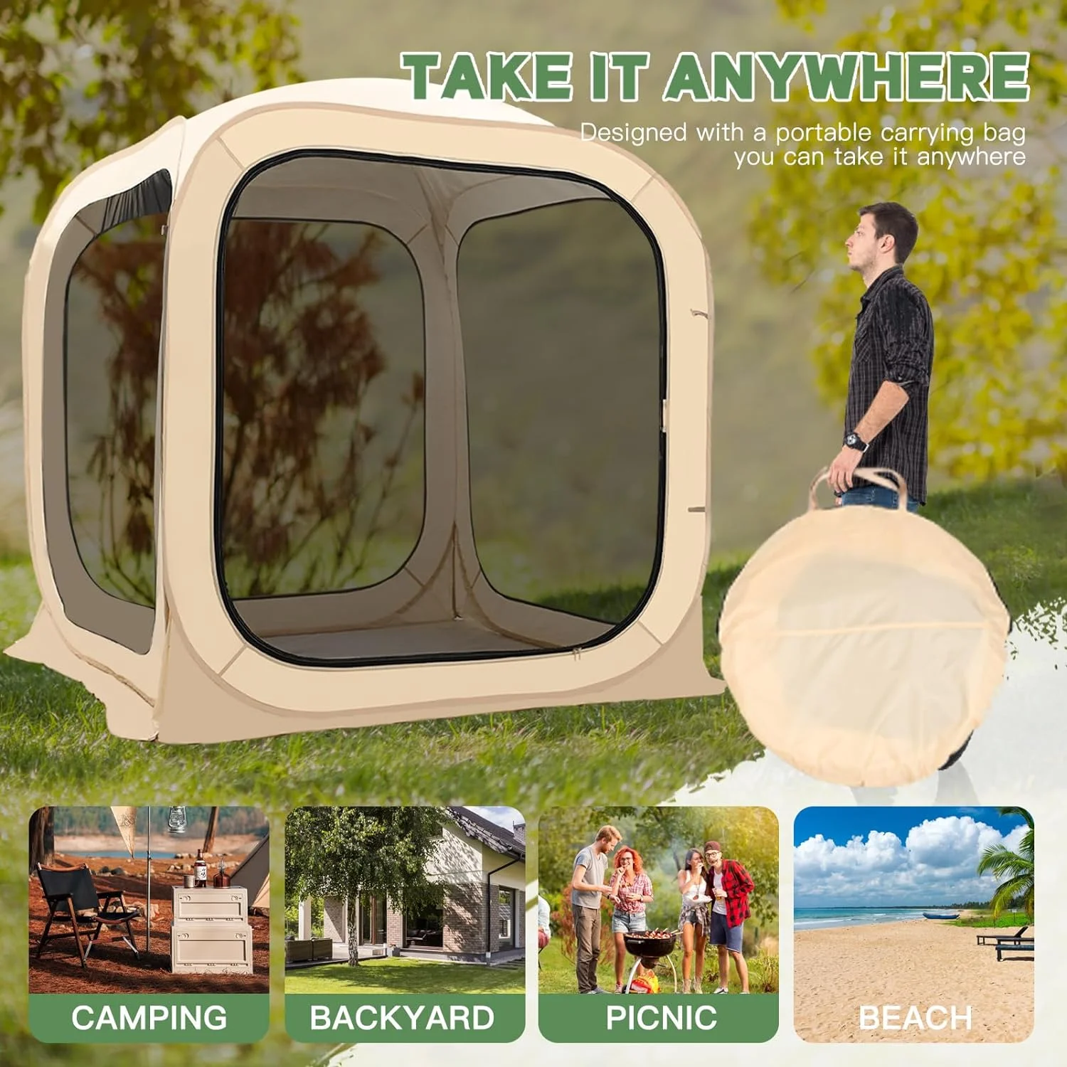 Sports Tent Pop up Weather Pod Outdoor Screen House Pod Tent Shelter for up to 6 People, 71in Large Instant Weatherproof Pop up Tent with Clear View for Camping(Mesh/71" x 71" x 71") - Image 5