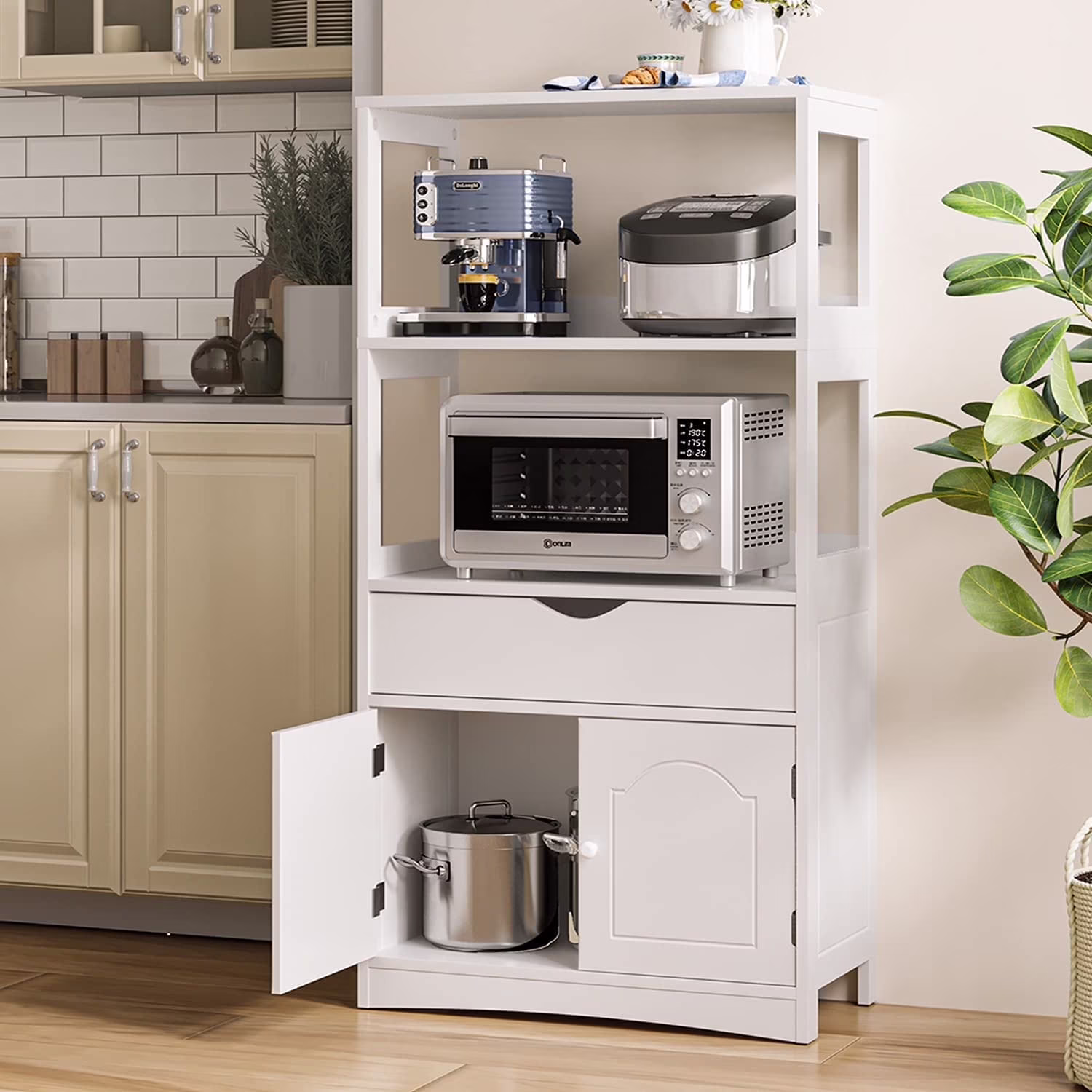 Sideboard Storage Cabinet with DrawerShelves, Kitchen Pantry Storage Cabinet with Microwave SpaceCupboard, Modern Freestanding Floor Bathroom Cabinet/Bookshelf for Home Office, White(WhiteDrawer)