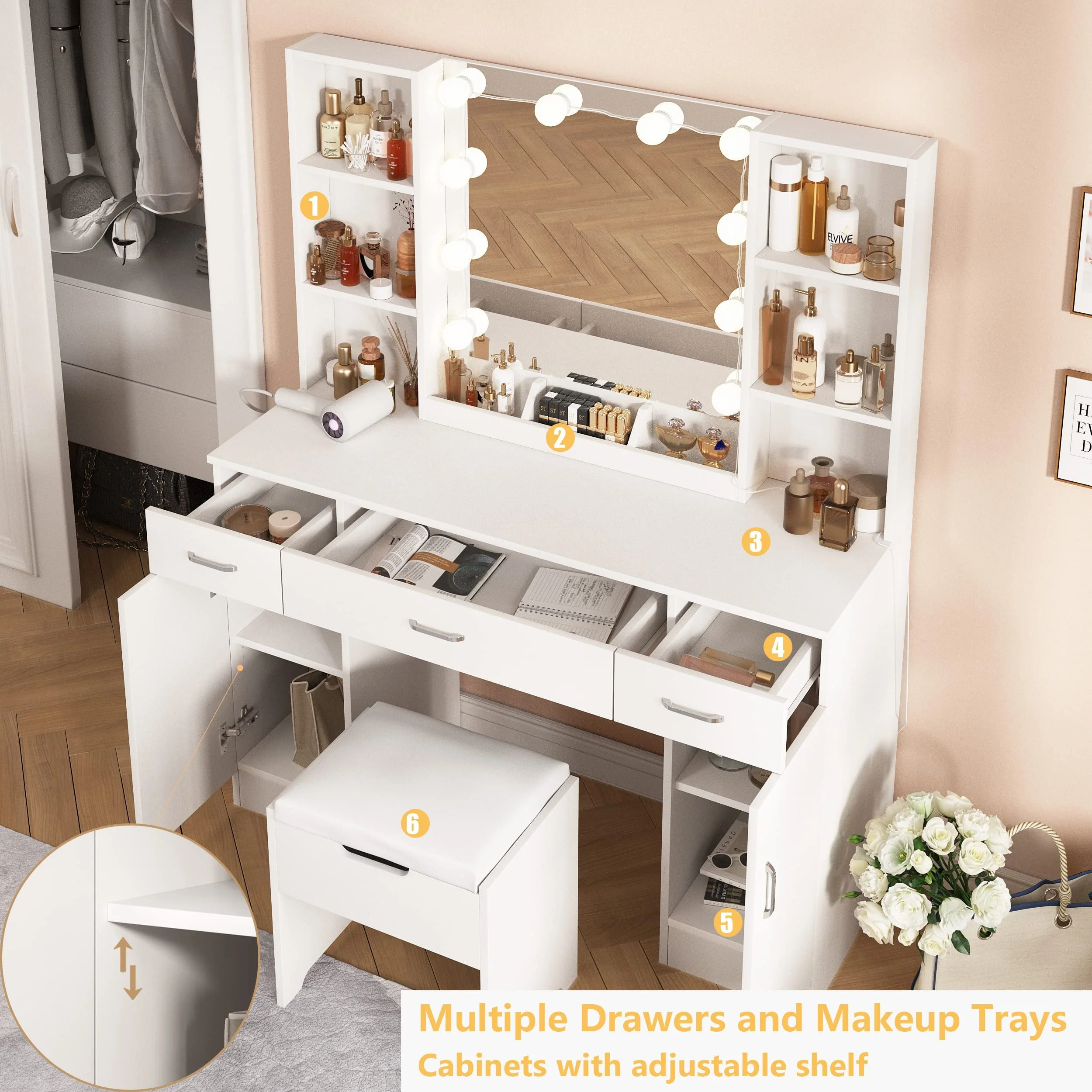 Large Makeup Vanity Set with Lights, White Bedroom Makeup Vanity Table with Storage, 3 Adjustable Lighting Colors, Modern, 45.2in(Black) - Image 7