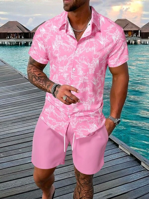 Ensemble chemise à manches courtes rose à imprimé hawaïen pour homme Suitmens 016