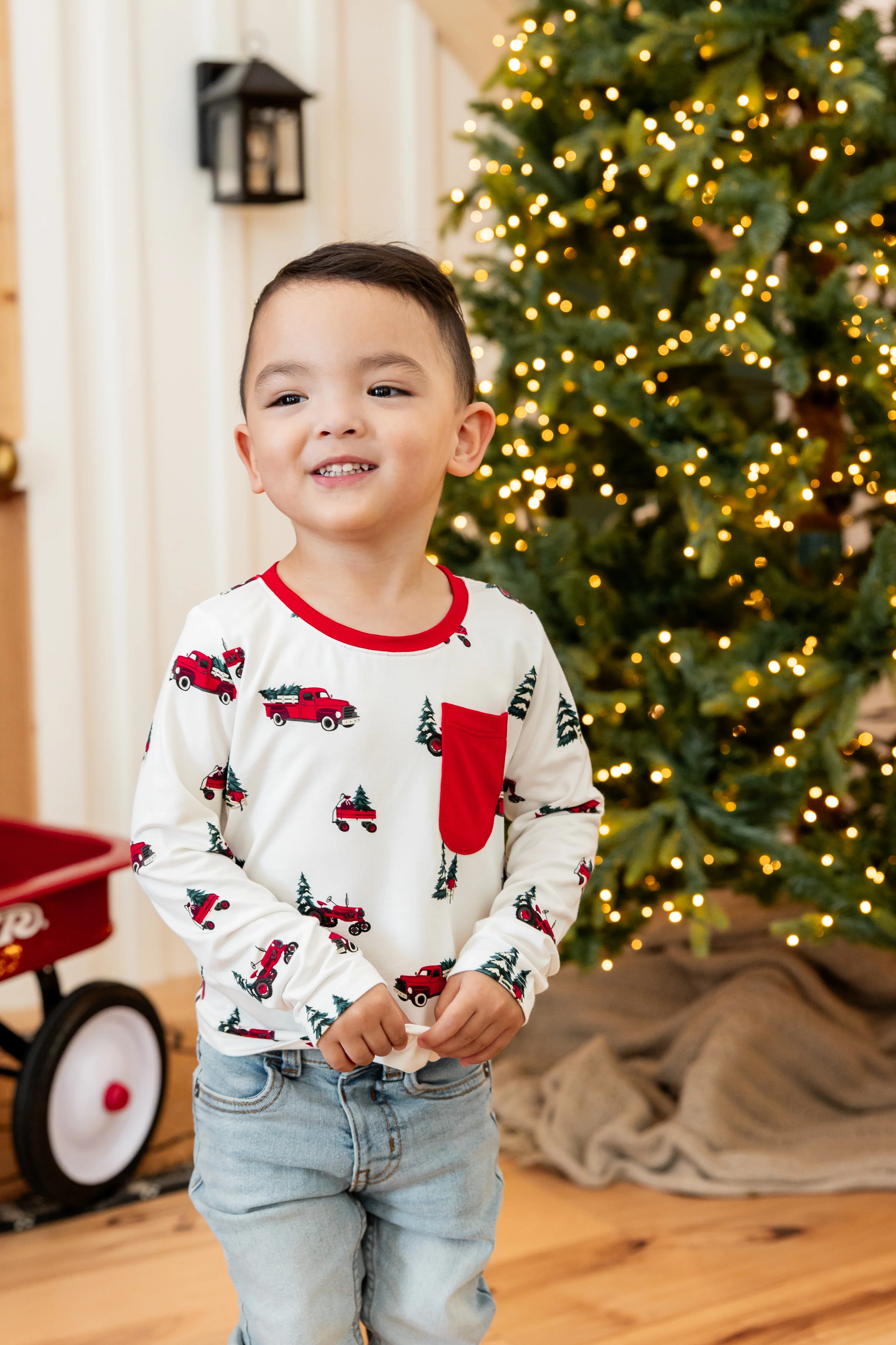 Long Sleeve Toddler Crew Neck Tee in Holiday Tree Farm