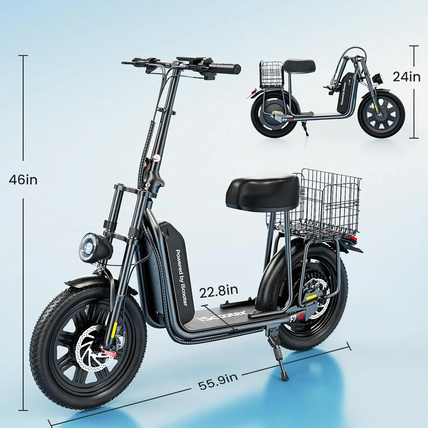 Trottinette électrique iScooter avec siège, vitesse maximale de 28/19/15,6 mph, double suspension