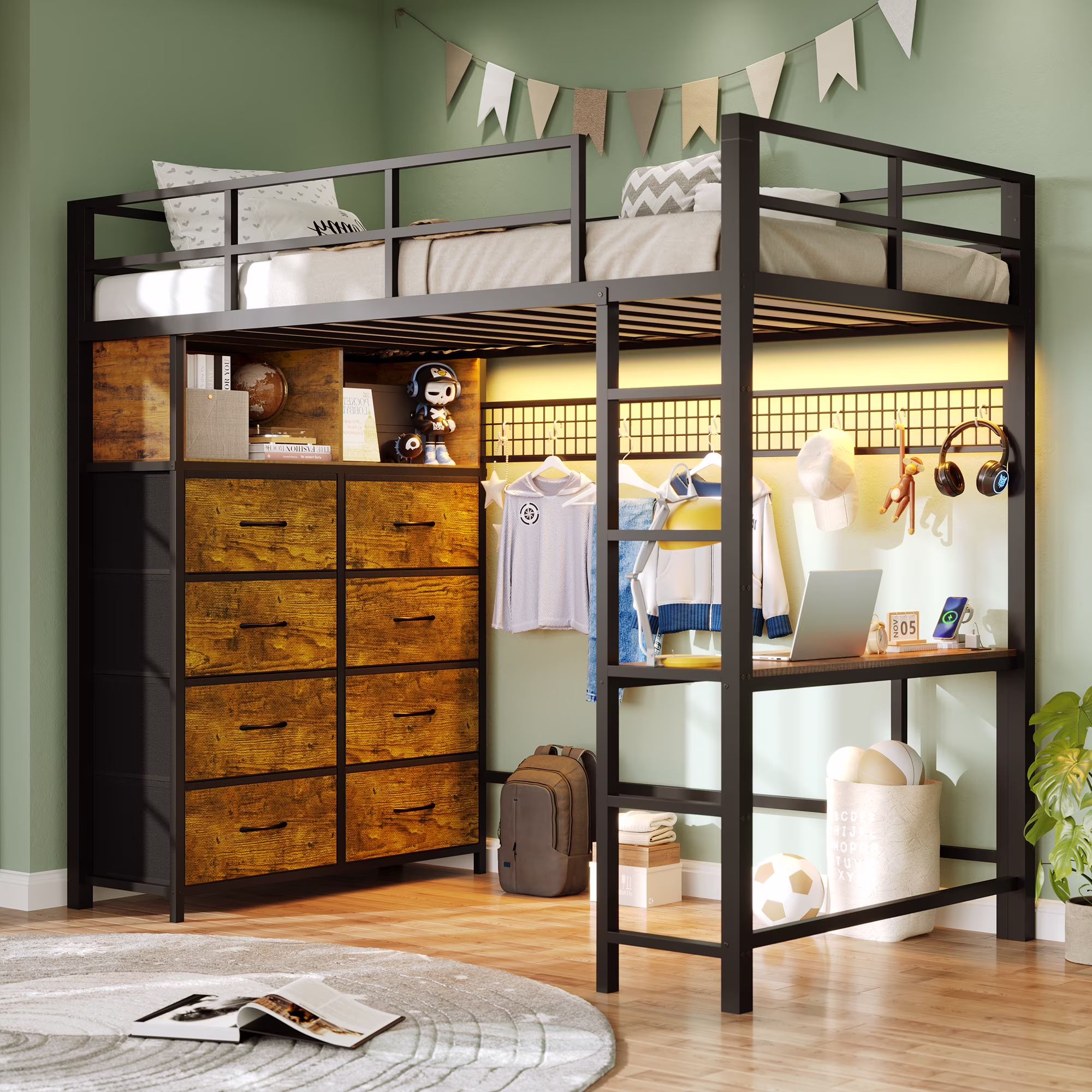 Twin Size Loft Bed with Desk and 8 Storage Drawers and Charging Station, Metal Loft Bed Twin with LED Lights, Storage Shelves, Black(Brown)