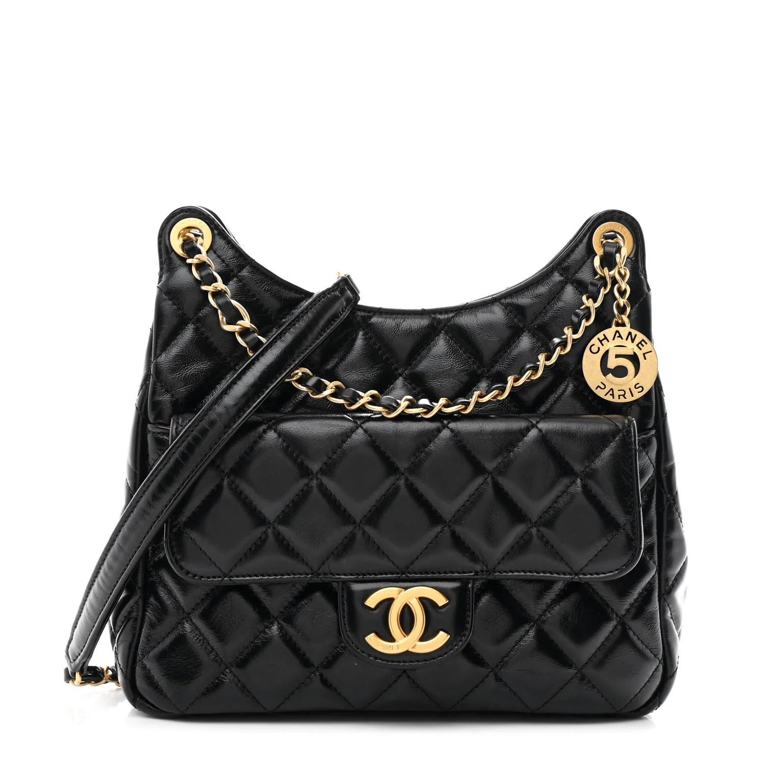 Shiny Crumpled Calfskin Quilted Wavy CC Hobo Black