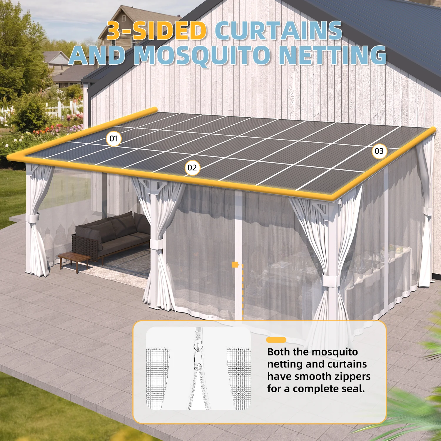 AECOJOY 20'x12' Wall Gazebo with Curtains and Mosquito Netting, White