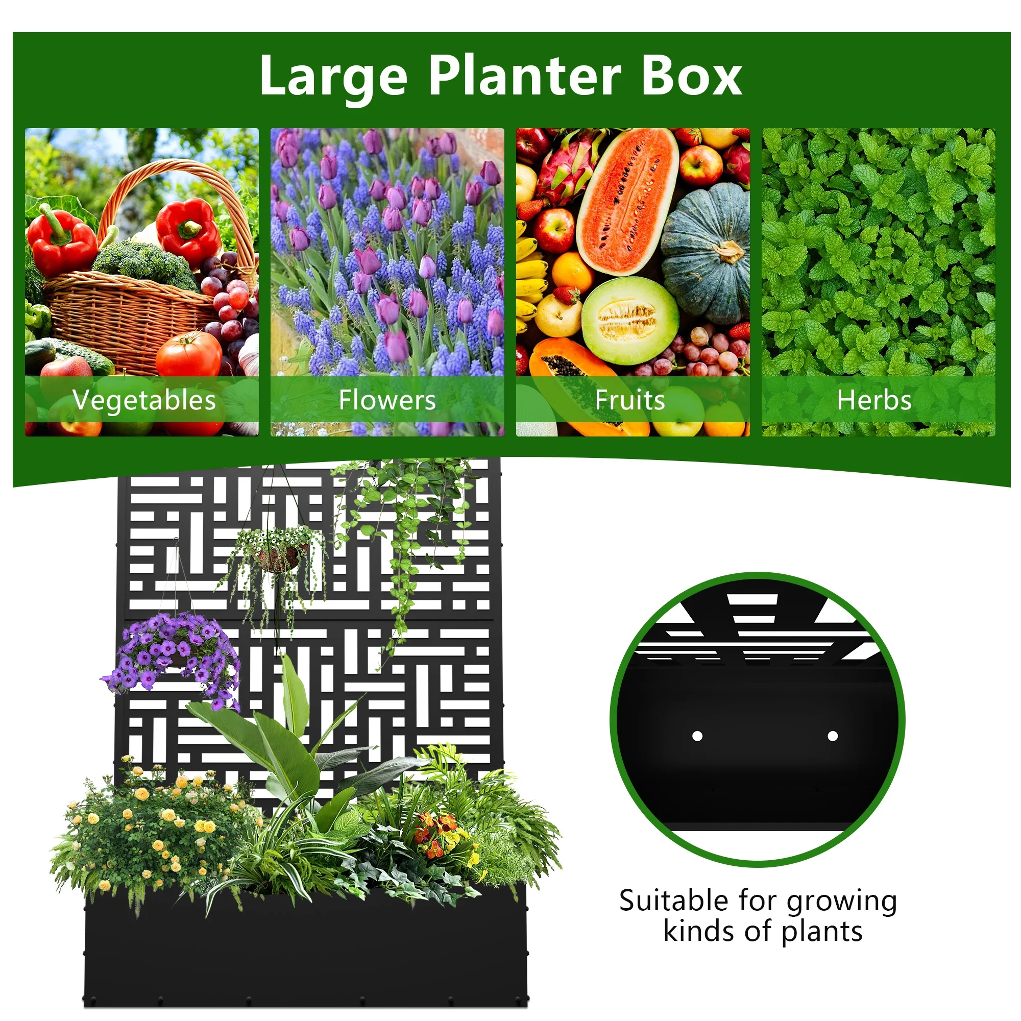 71'' H Metal Planter with Trellis, Outdoor Raised Garden Bed for Climbing Plants, Trellis Planter Box with Drainage Hole, Black(Single/Black) - Image 7
