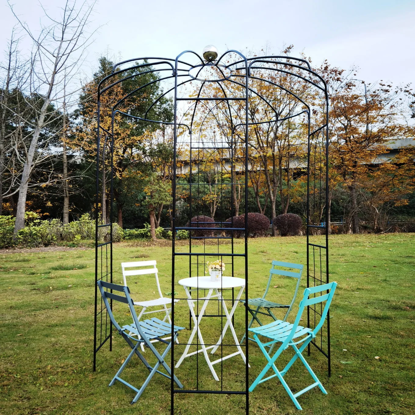 French Birdcage Gazebo with Metal Arch Trellis for Wedding Photography & Garden Decor, Sturdy Galvanized Steel, Black