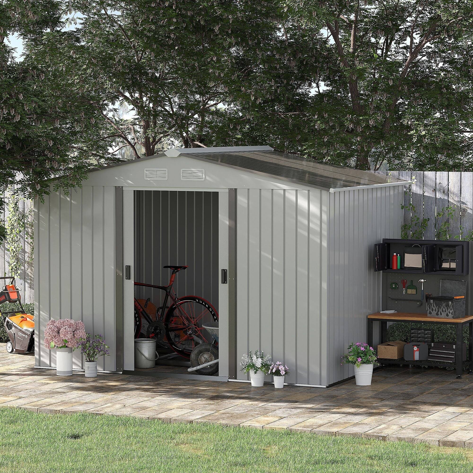 Outsunny 9' x 6' Metal Storage Shed Garden Tool House with Double Sliding Doors, 4 Air Vents for Backyard, Patio, Lawn, Silver