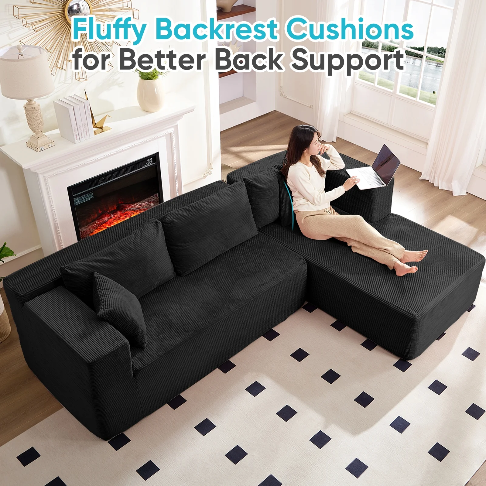 106" Cloud Sectional Couch with Chaise, No Assembly Required L Shaped Sleeper Sofa, Oversized Deep Seat Modular Couches and Sofas for Living Room Right, Black(Right Chaise/Black) Image 5
