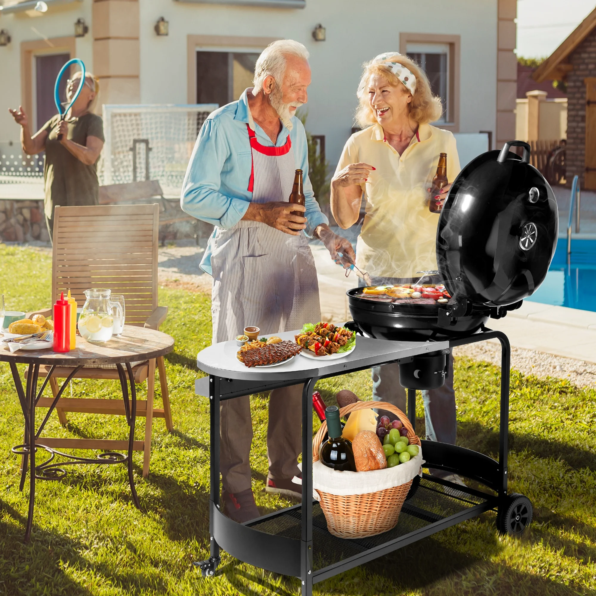 Charcoal Grill with Side Table, Portable BBQ Grill with Cart, Slide - Out Ash Pan & Thermometer for Outdoor Barbecue Camping Outdoor, Picnic, Backyard Cooking, Black