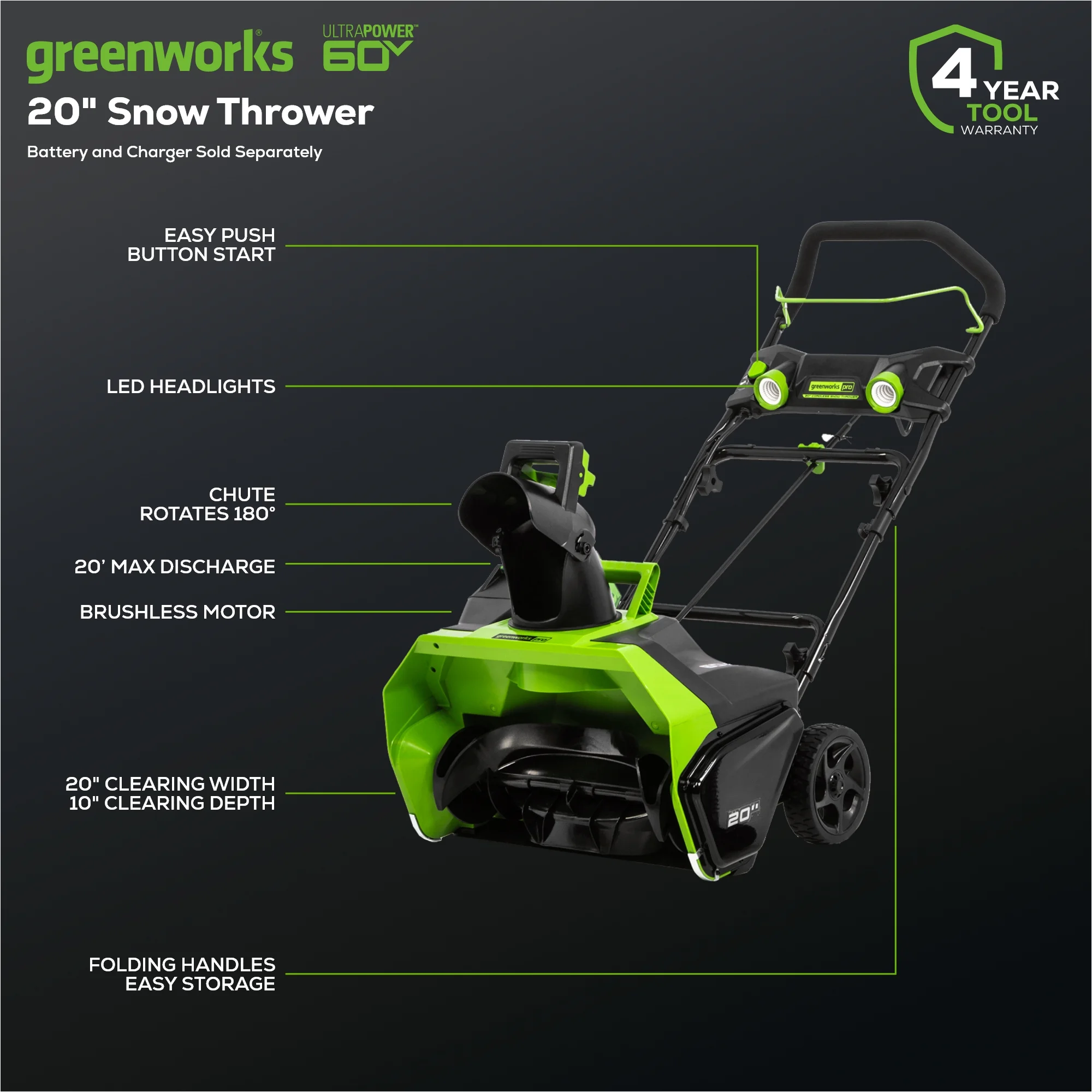 Greenworks Pro Snow Blower 20 in 60V Single - Stage Battery Powered Push Outdoor Equipment