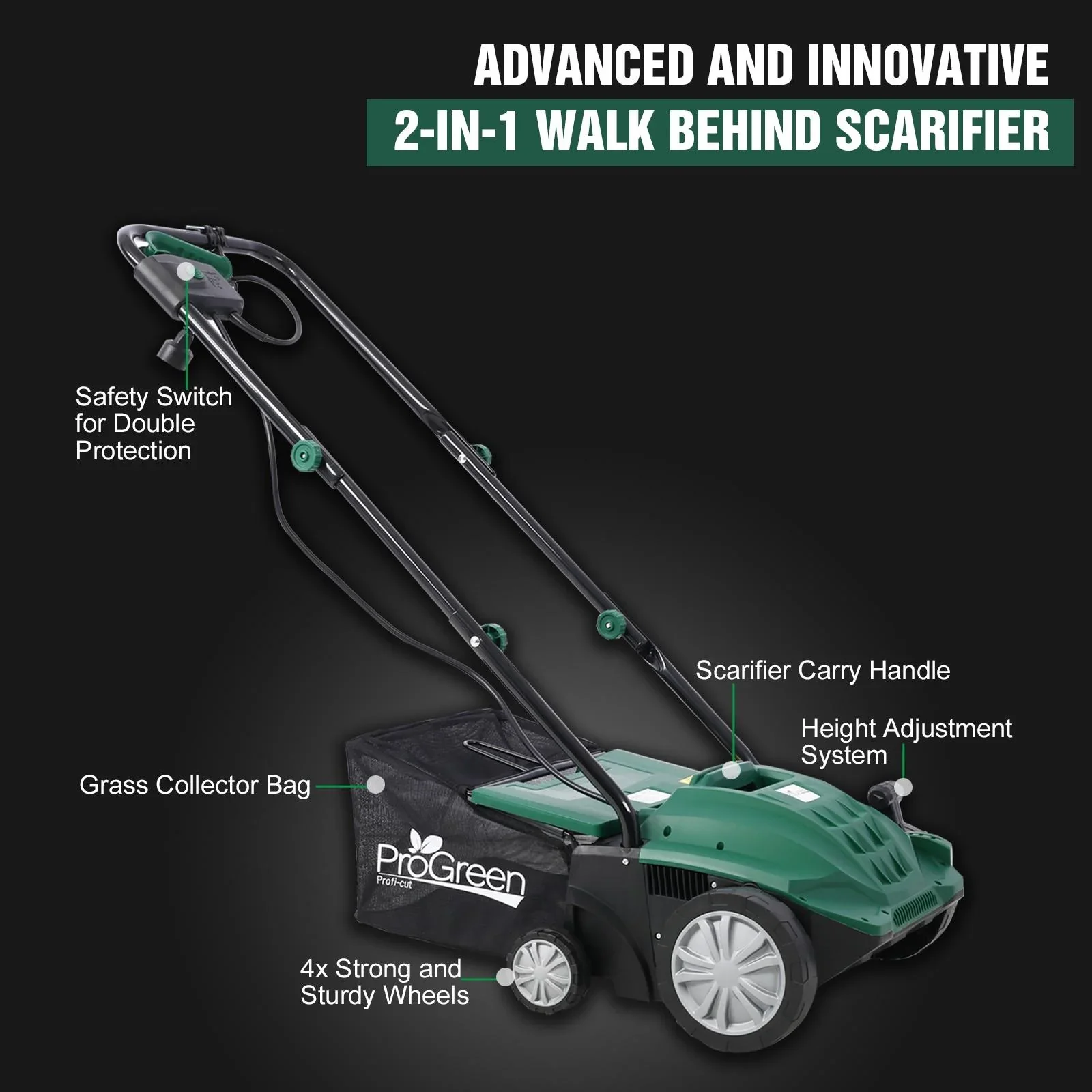 Dethatcher and Scarifier, Seizeen 16-Inch Lawn Dethatcher Scarifier 2-IN-1 Gardening Equipment, Powerful 15 Amp Electric Dethatcher & Scarifier, Height Adjustable, 58QT Removable Thatch Bag