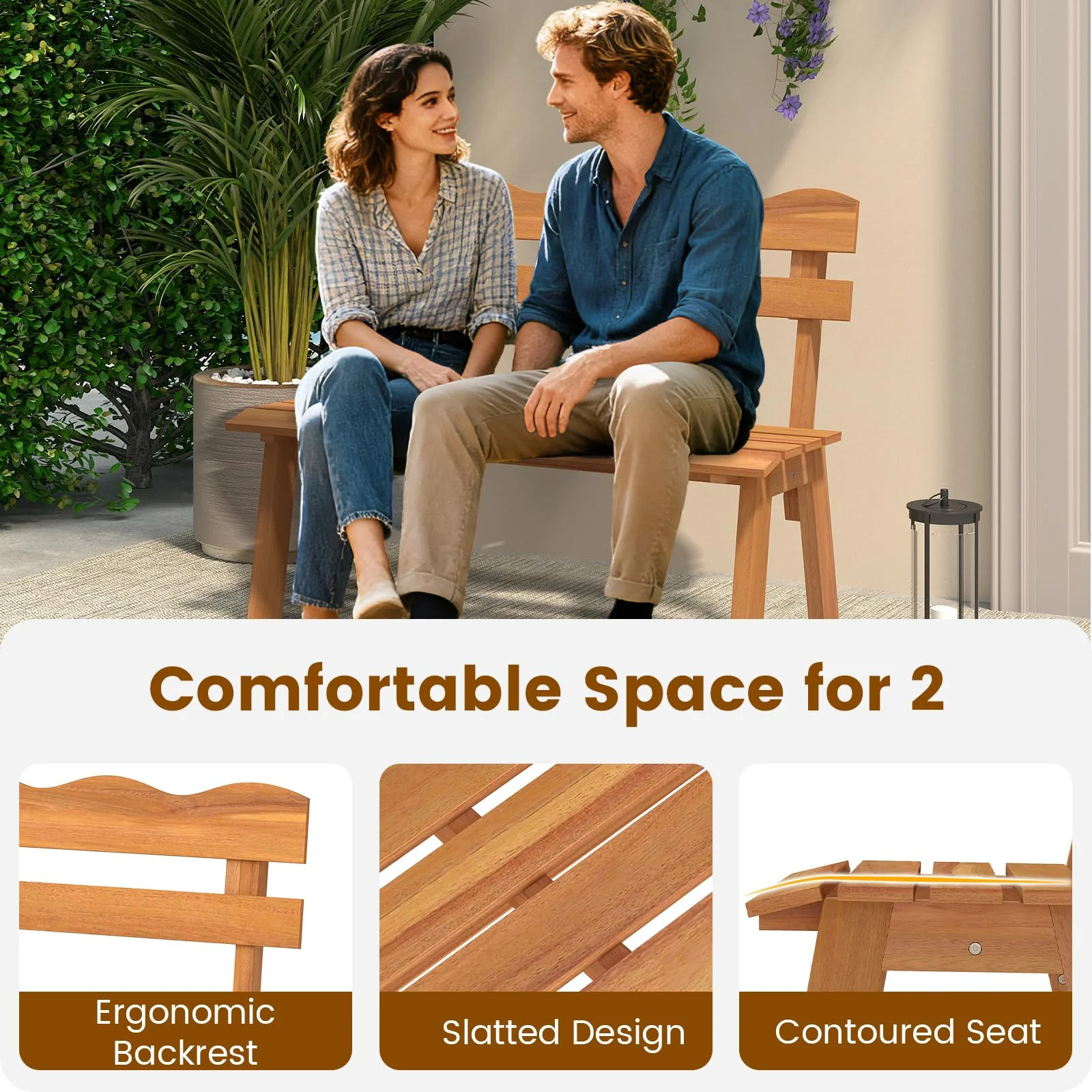 Tangkula 2 Person Patio Garden Bench with Waved Backrest and Slatted Seat