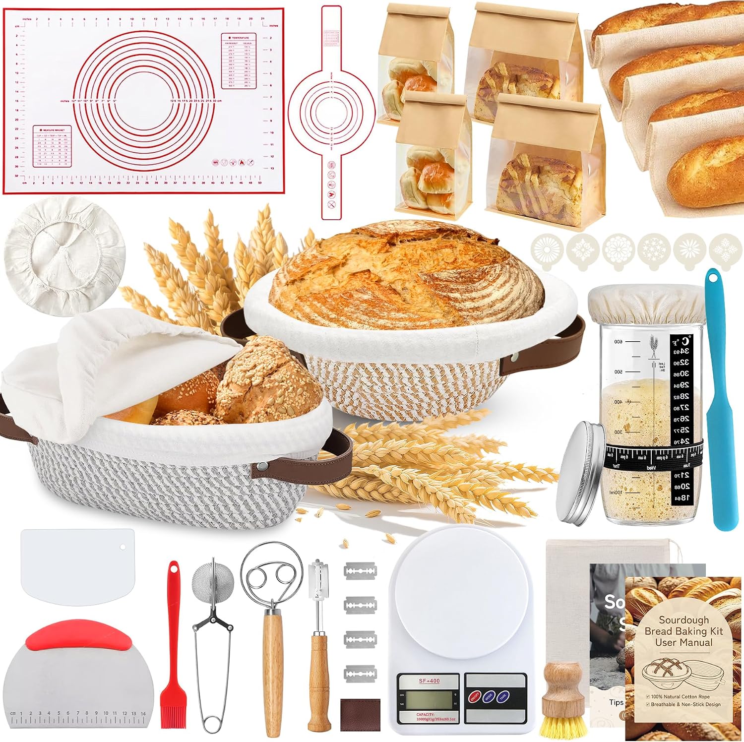 Aliggbent 38Pcs Sourdough Bread Baking Supplies – 11'' Oval & 10'' Round Cotton Rope Banneton Bread Proofing Baskets with Liners & Covers, Sourdough Starter Jar Kit, Scale, Bags & Bread Making Tools