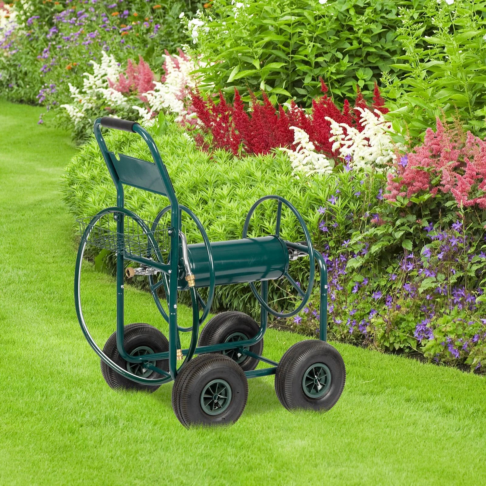 Ktaxon Garden hose cart Iron Four-Wheel Pipe Truck Dark Green