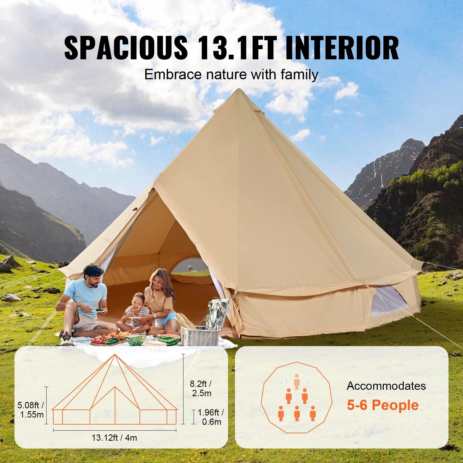 Canvas Bell Tent, 4 Seasons 4 m/13.12 ft Yurt Tent, Canvas Tent for Camping with Stove Jack, Breathable Tent Holds up to 6 People, Family Camping Outdoor Hunting Party - Image 4