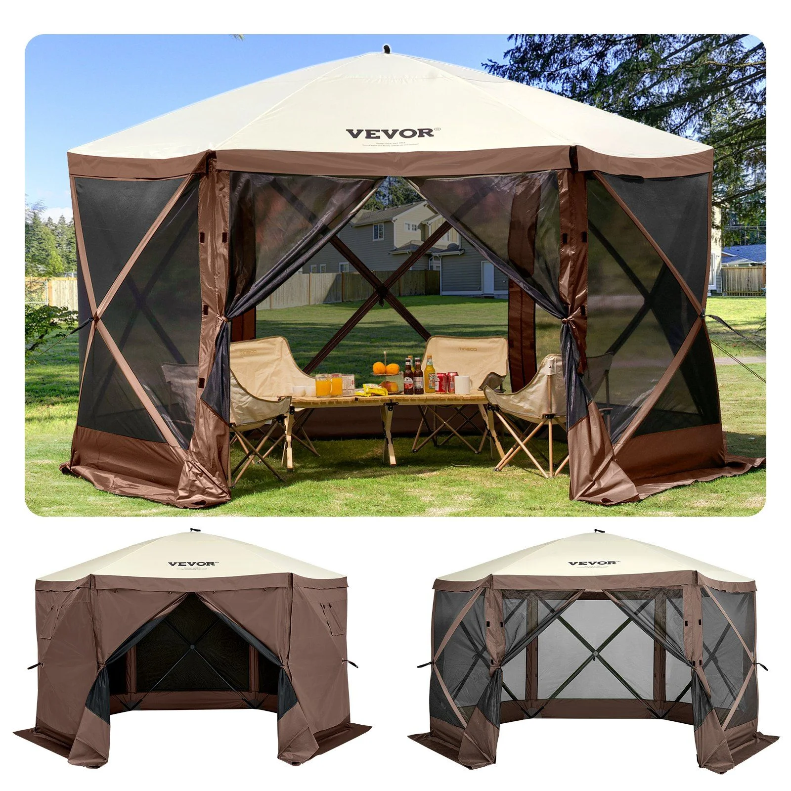 Quick Setup 12x12 Foot Gazebo Tent, 6-Sided Canopy with Mesh Screens & Carry Bag �?sun Shade Shelter for Outdoor Events, Backyard, Picnic (Beige/Brown)