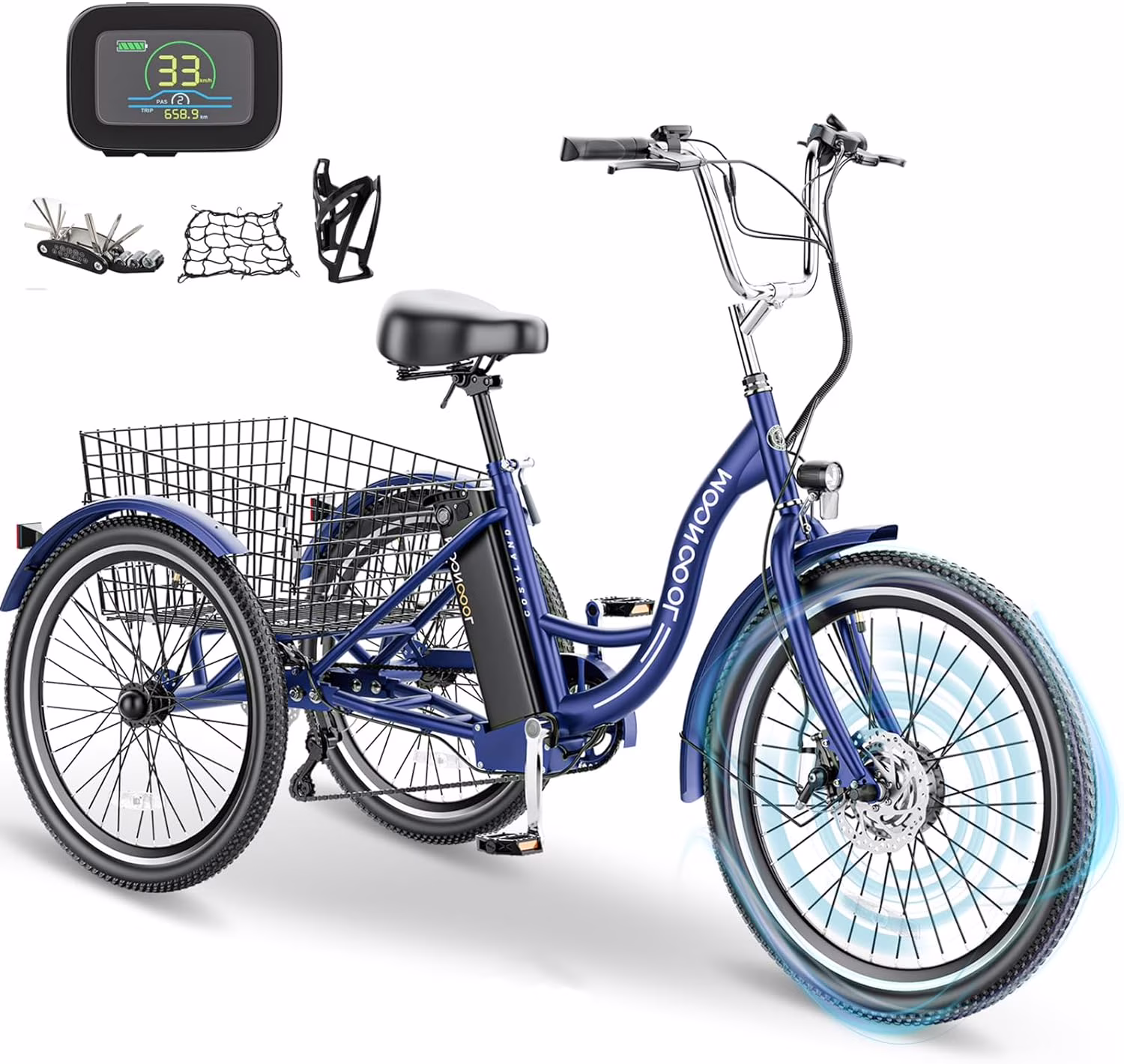 24" 26" Electric Tricycles, 36V 10Ah 350W Lithium Battery, 7 Speed E-Trike for Adults with Large Capacity Rear Basket Adjustable Seat(24" Tire 7 Speeds/Cyan) - Image 8