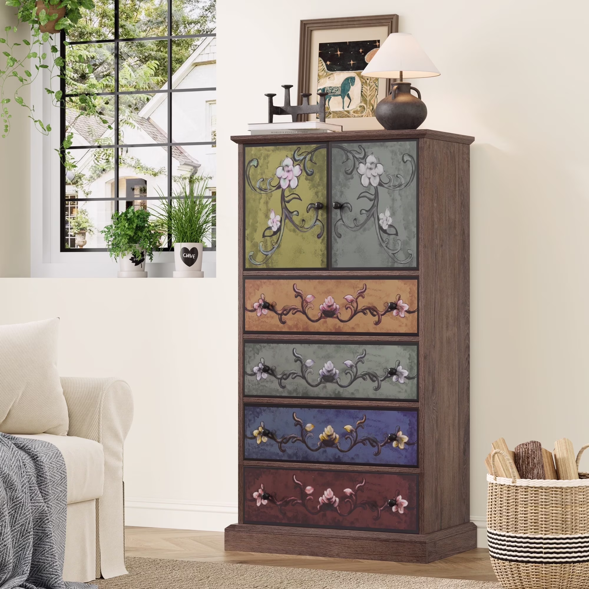 50�� Tall Dresser with 4 Drawers, Boho Vintage Dresser with 2 Doors, Wood Drawers Chest for Bedroom Living Room Entryway