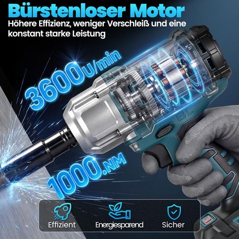 Visseuse à percussion sans fil compatible avec 18 V, 1000 N.m, visseuse à percussion sans balais avec 3600 tr/min, 2 batteries de 4,0 Ah et chargeur rapide, 5 prises à percussion pour pneus de — vue 3