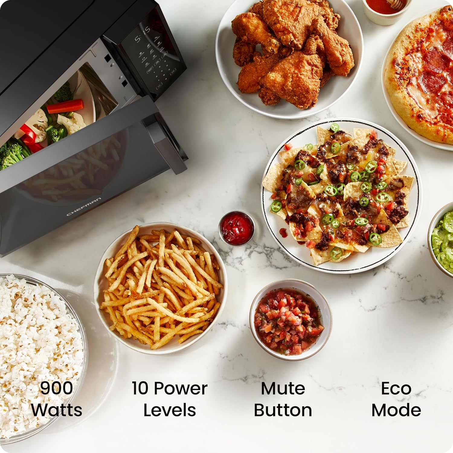 Chefman Countertop Microwave Oven 0.9 Cu 900 Watts with 10 Power Levels, 6 Cooking Presets with One-Touch Express Cook, Eco Mode, Child Safety Lock, & Mute Button - Black
