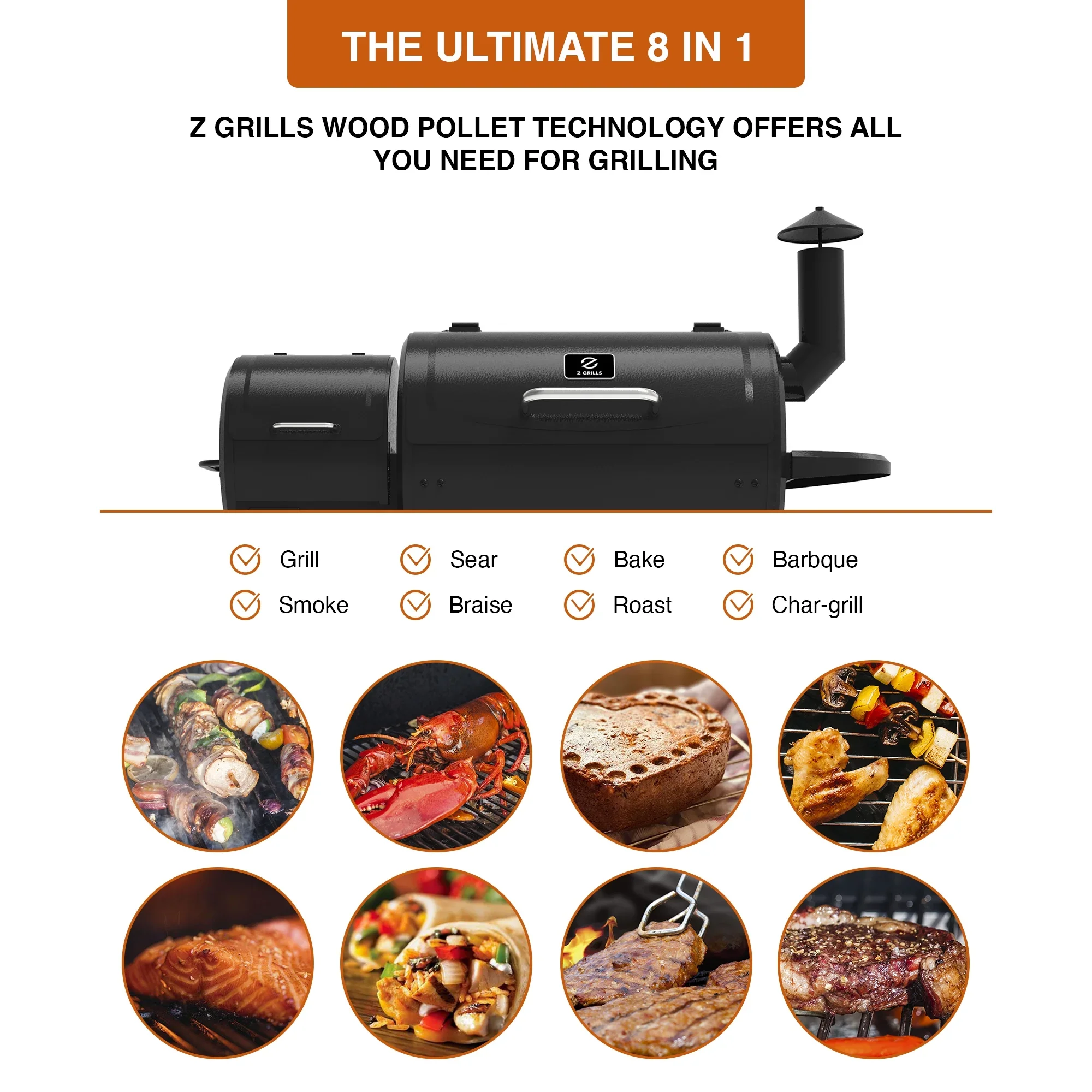GRILLS ZPG-450A3 Wood Pellet Grill & Smoker 8-in-1 BBQ 2022 model, Black