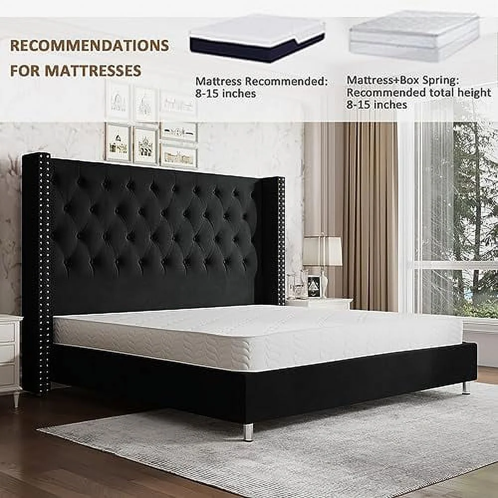 Vanacc Queen Bed Frame Upholstered Bed Wingback Headboard Velvet Tufted Diamond Button/No Box Spring Needed/Easy Assembly/Gray