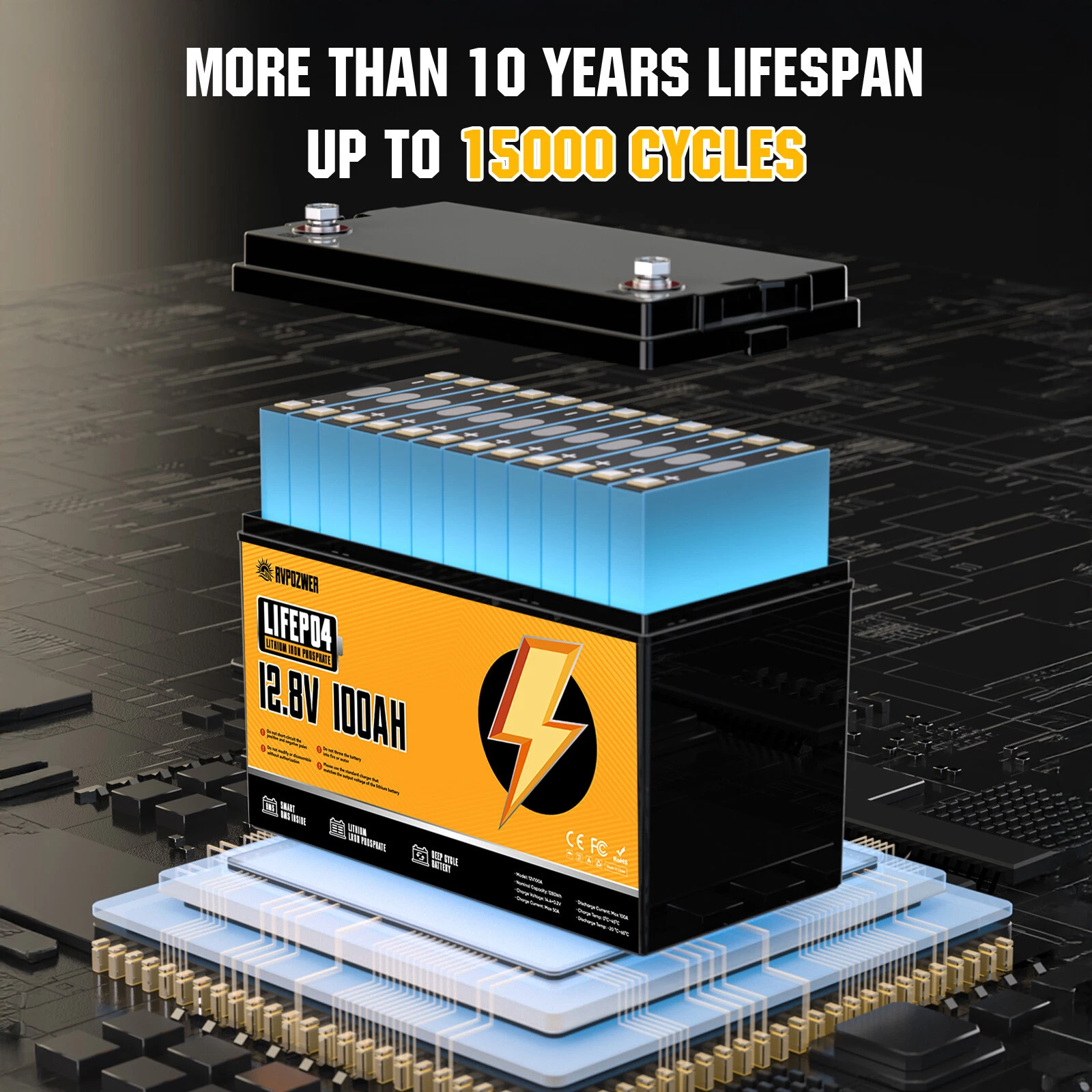 12V 100Ah LiFePO4 Battery with 100A BMS, 15000+ Deep Cycles, Lithium Battery for RV Home Marine Off-grid - Image 8