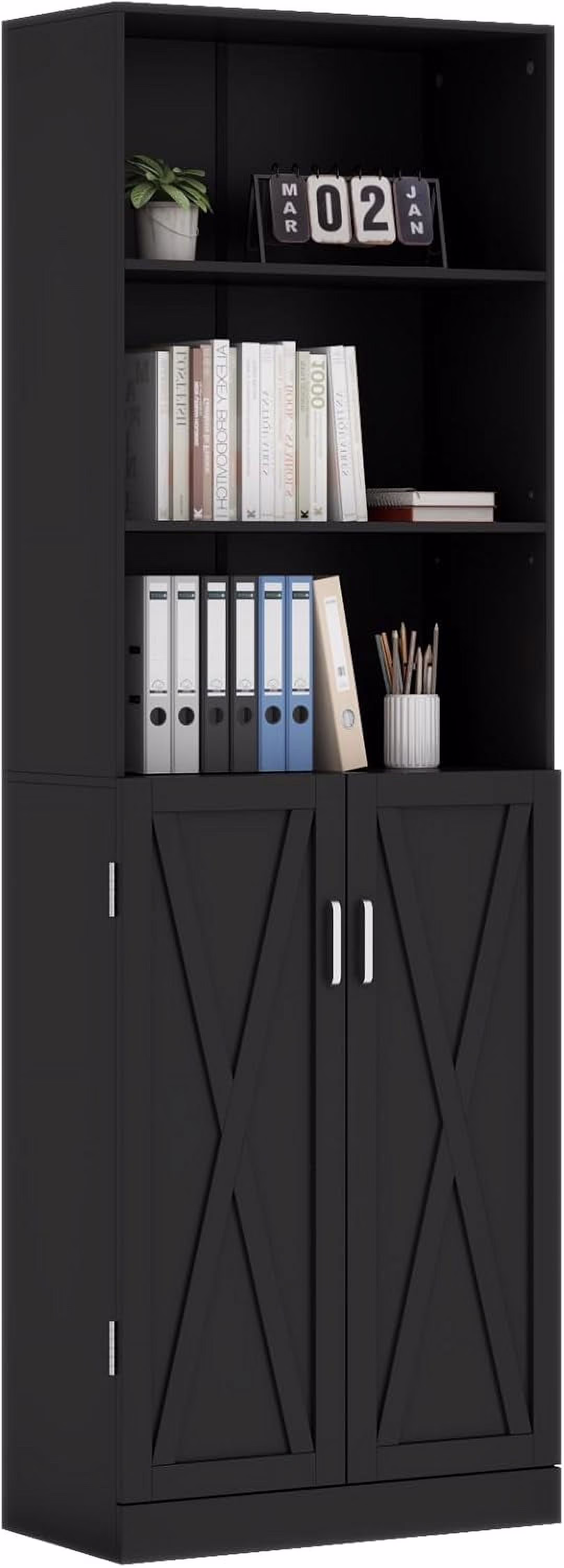 Industrial Boolshelf with Door, 6 Tier Farmhouse Book Shelf with Adjustable Shelves,70" Tall Display Etagere Bookcase,Floor Standing Unit Book Case Furniture for Home Office,Living Room (Black)(Black)