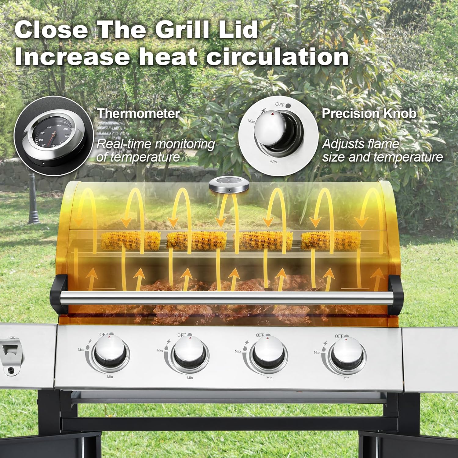 Upgraded 4 Burner Bbq Propane Gas Grill with Cast Iron Grates & Side Stove, 44,000 btu Stainless Steel Burner Barbecue Grill for Patio,…