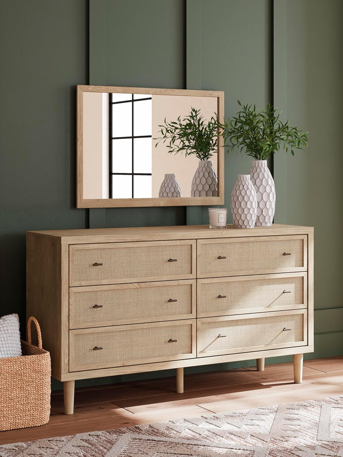 Signature Design by Ashley Cielden Coastal 6-Drawer Dresser, Bronze-Tone Knobs, Safety Stop, Textured Cane Details, 62.01