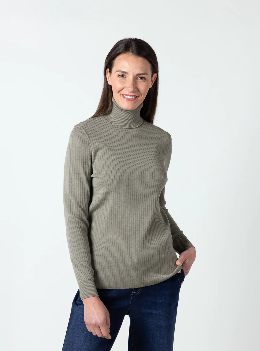 Pull chaussette femme col roule en laine mérinos Vert Olive