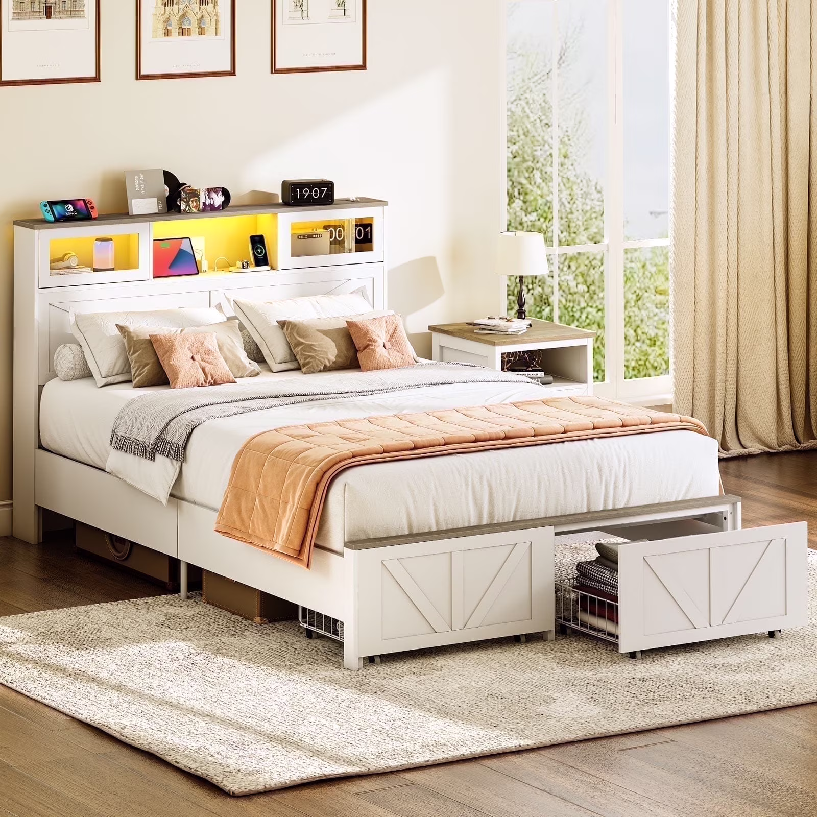 Full Size Bed Frame with Headboard, Full Bed Frame with Charging Station, LED Beds with 2 Storage Drawers, Wood Farmhouse Bedframe, White(Full)